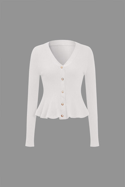 Solid Knit Button Ruffled Long-Sleeve Top