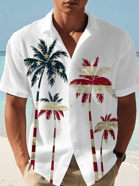 Men's Independence Day Palm Tree Print Casual Waffle Shirt