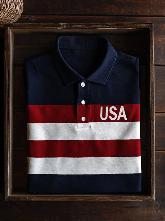 Men's Business Casual Independence Day Striped Button Short Sleeve Polo Shirt