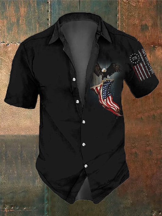 Men's Vintage Skull and Independence Day Print Short Sleeve Shirt