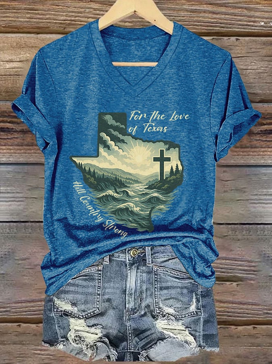 🙏💔Join us in praying for Texas.🙏V-Neck Retro For The Love Of Texas Hill Country Strong Print T-Shirt