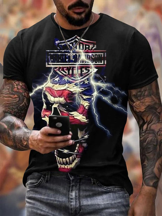 Men's Vintage Independence Day and Skull Print Short Sleeve T-Shirt
