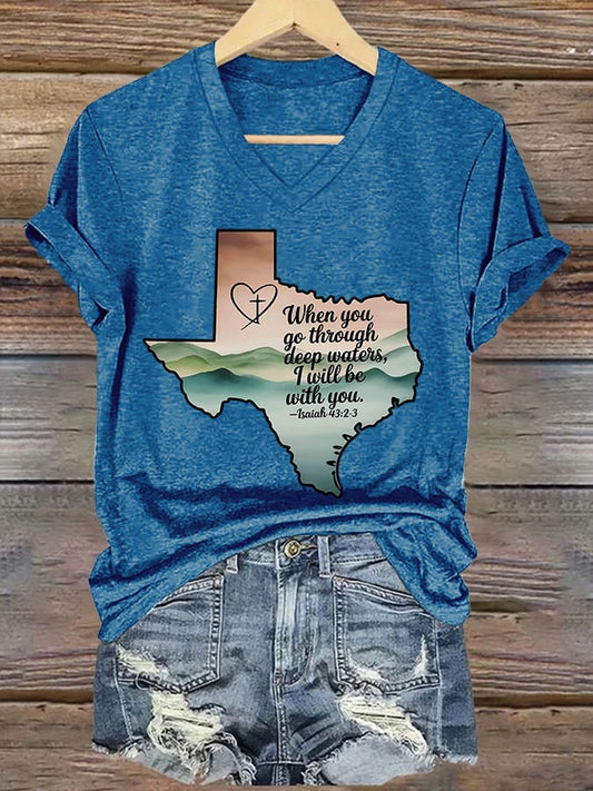 🙏💔Join us in praying for Texas.🙏V-Neck Retro Texas Strong When You Go Through Deep Waters, I Will Be With You. Isaiah 43:2 Print T-Shirt