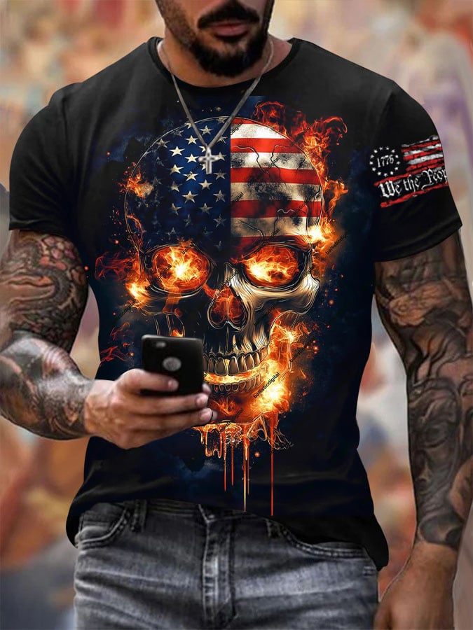 Men's Vintage Independence Day and Skull Print Short Sleeve T-Shirt