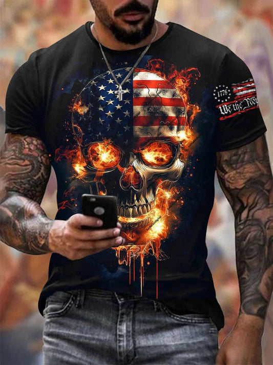 Men's Vintage Independence Day and Skull Print Short Sleeve T-Shirt