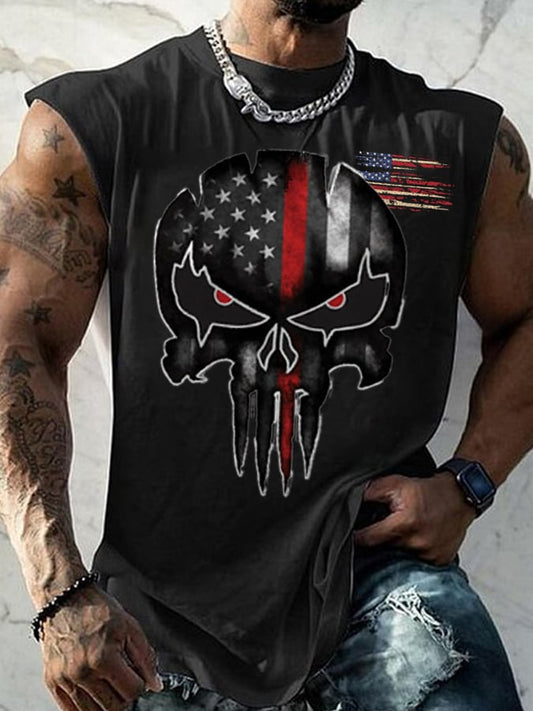 Men's American Flag Independence Day Skull Print Casual Tank Top