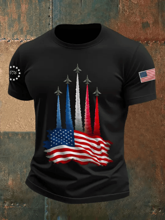Men's Retro Independence Day Airplane Print T-Shirt