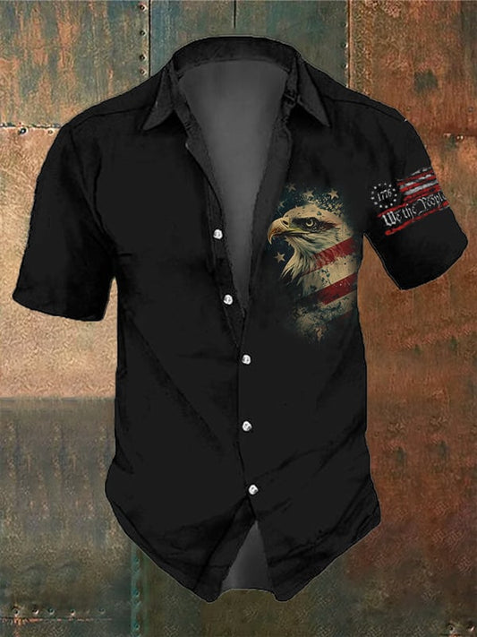 Men's Vintage Skull and Independence Day Print Short Sleeve Shirt