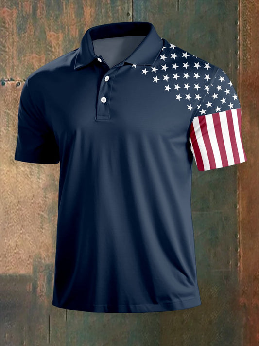 Men's Outdoor Independence Day American Flag Button Short Sleeve Polo Shirt