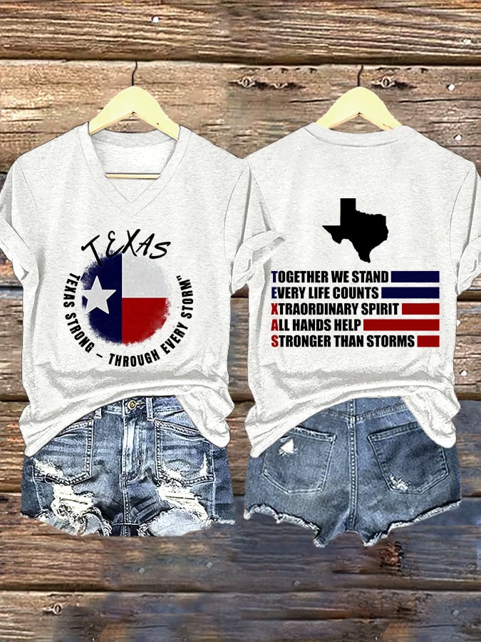 🙏💔Join us in praying for Texas.🙏V-Neck Retro Texas Texas Strong Through Every Stormtogether We Stand Every Life Counts Xtraordinary Spirit All Hands Help Stronger Than Storms Print T-Shirt
