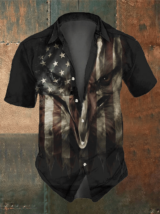 Mens Vintage Independence Day American Flag Short Sleeve Shirt
