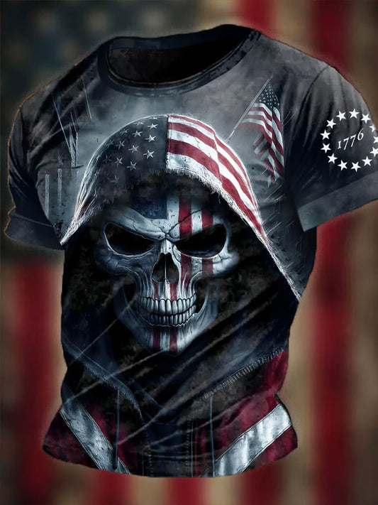 Men's Vintage Flag Skull Print Round Neck T-shirt