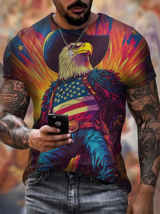 Men's Vintage Independence Day and Skull Print Short Sleeve T-Shirt