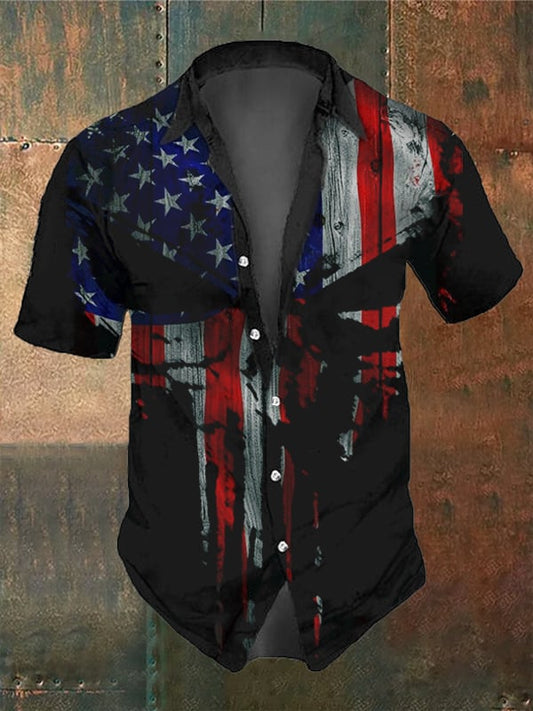 Men's Vintage Skull and Independence Day Print Short Sleeve Shirt