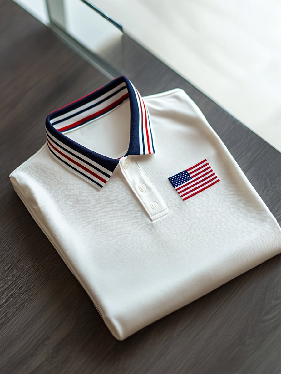 Men's Business Casual Independence Day Striped Button Short Sleeve Polo Shirt