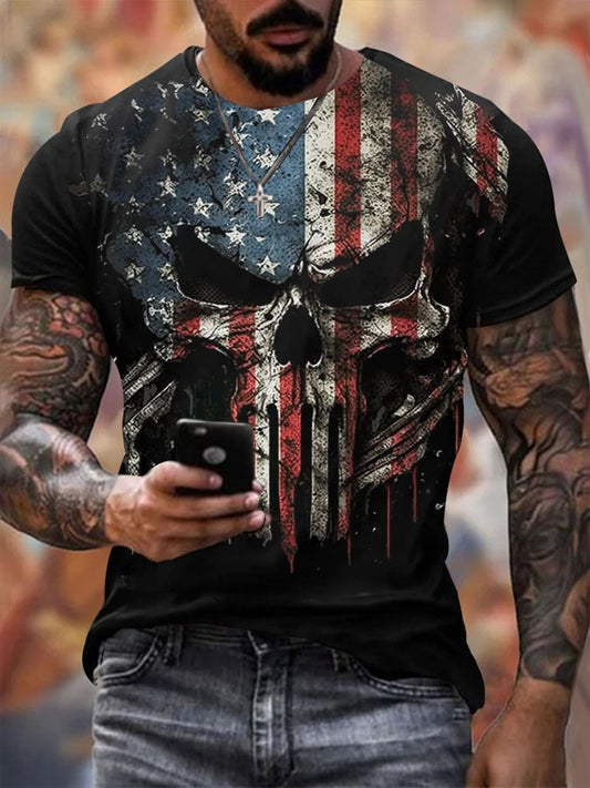 Men's Vintage Independence Day and Skull Print Short Sleeve T-Shirt