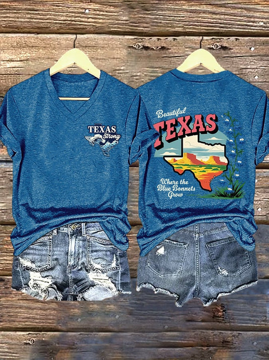 🙏💔Join us in praying for Texas.🙏V-Neck Retro Texas Strong Beautiful Texas Where The BlueBonnets Grow Print T-Shirt