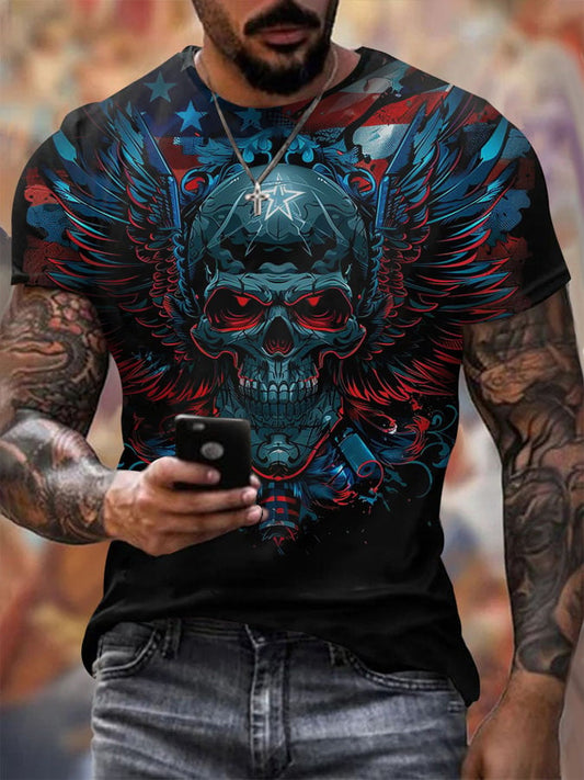 Men's Vintage Independence Day and Skull Print Short Sleeve T-Shirt