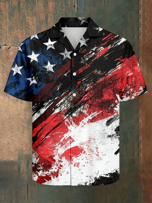 Men's Cuban Collar Independence Day American Flag Button Short Sleeve Shirt