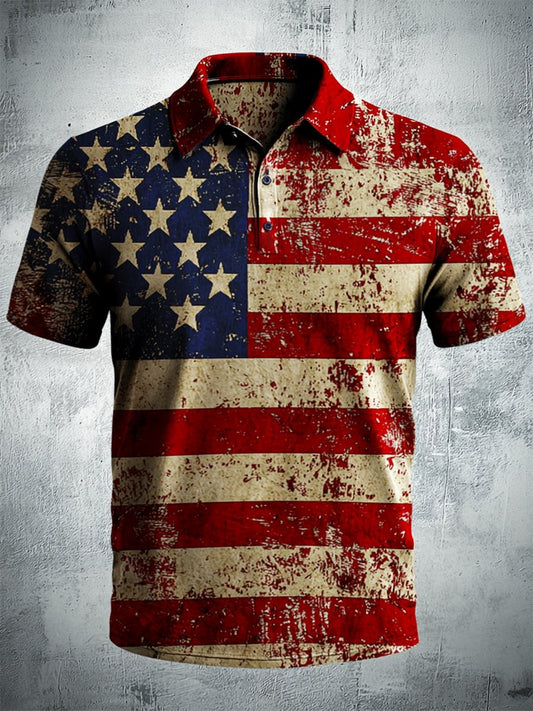 Men's Outdoor Independence Day American Flag Button Short Sleeve Polo Shirt