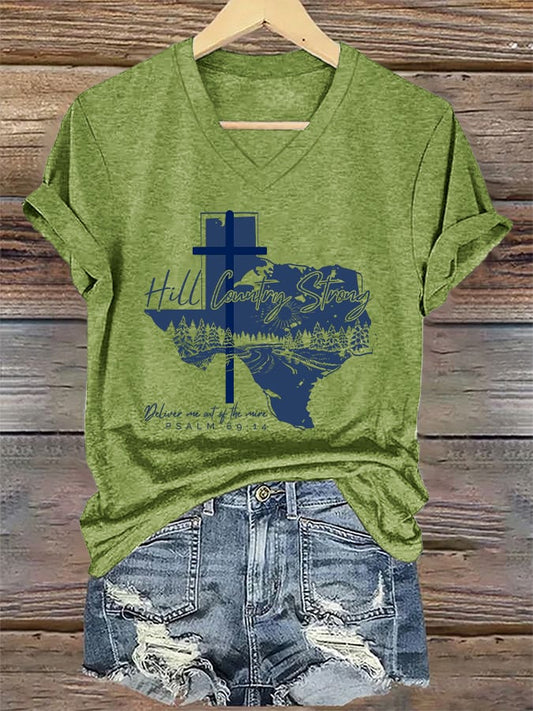 🙏💔Join us in praying for Texas.🙏V-Neck Retro Texas Strong Hill Country Strong Deliver Me Out Of The Mire Psalm 69:14 Print T-Shirt