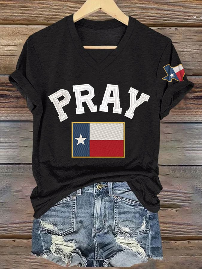 V-Neck Retro Pray For Texas Texas Strong Print T-Shirt