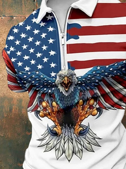 Men's Vintage American Flag Print Casual Polo Shirt